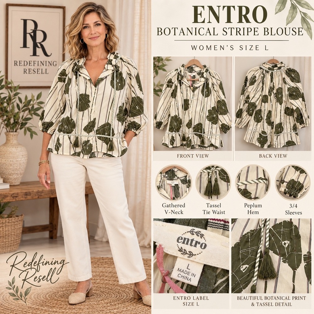 Entro Botanical Stripe Blouse Womens Large Olive Green Tassel Tie Peplum Top NEW